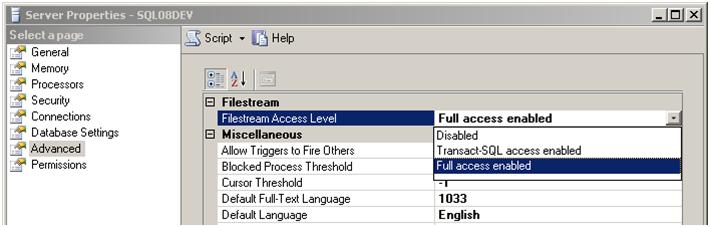 Enabling FILESTREAM for SQL Server Instance